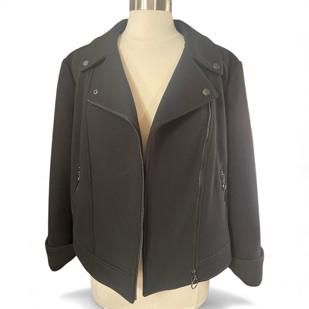 Ann Taylor black knit moto jacket, asymmetrical zip structured stretch cotton